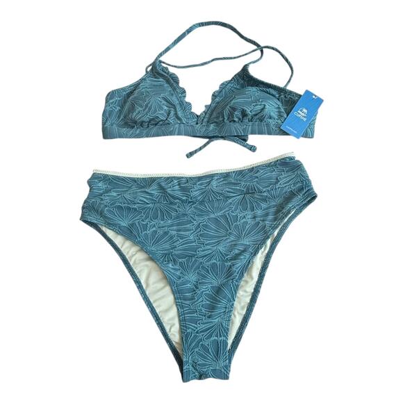 NEW Cupshe SWIMSUIT Women's BIKINI Set MED Scalloped Cross Back High Waist Green - Picture 2 of 15